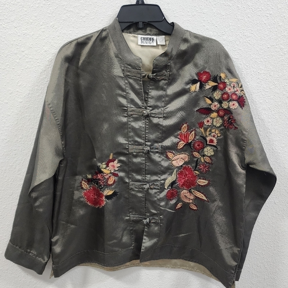 Chicos Womens Olive Floral Embroidery Satin Long Sleeve Jacket Vintage Size L